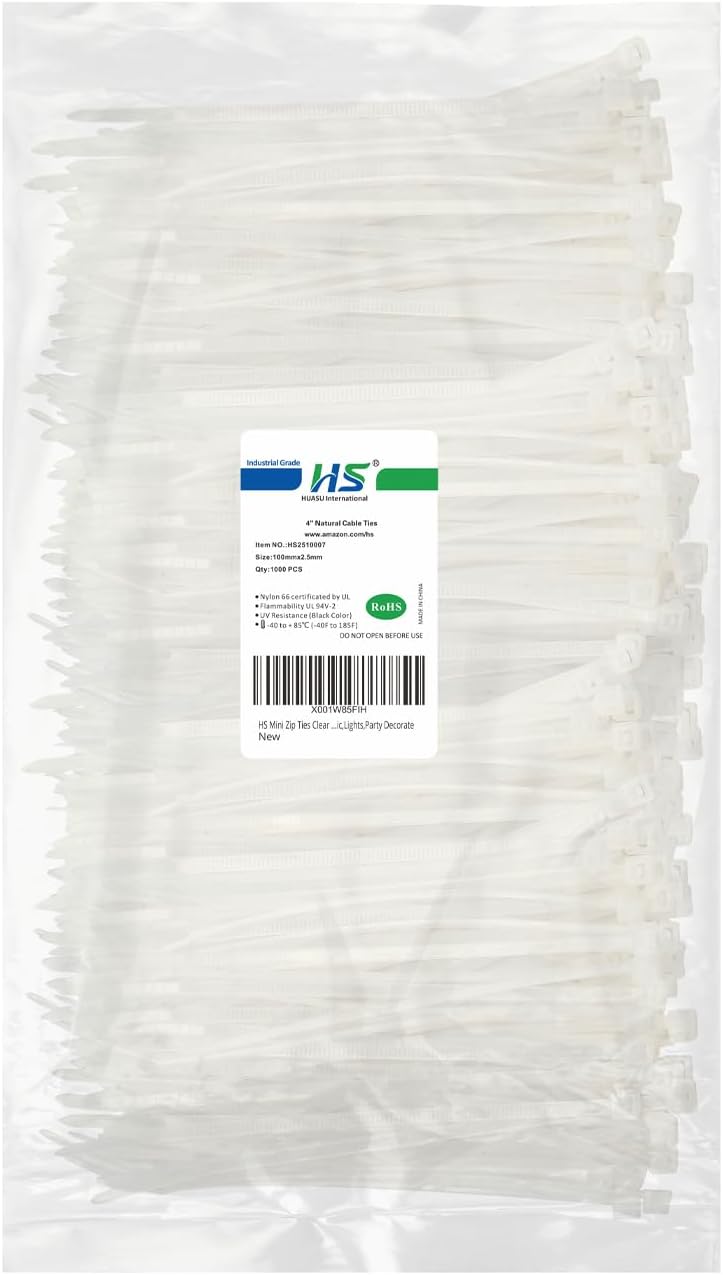 HS 1000 Pack Mini Zip Ties Clear Plastic Ties 4 Inch Bulk 4" White Cable Ties 18 Lb for Bag Tags,Electric,Lights,Party Decorate - Image 1