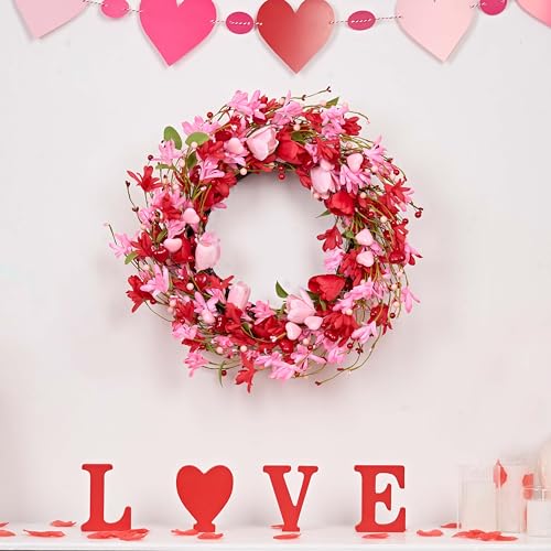 MAINGKAUNG Valentine's Day Wreath 22 Inch Valentines Day Wreaths for Front Door Valentine Door Wreath with Red Berries Pink Forsythia Flowers Red Tulip for Wedding Decor Candlelight Dinner Anniversary - Image 3