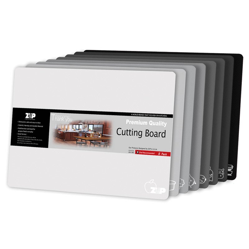 ZVP Plastic Cutting Boards for Kitchen Flexible Cutting Mats Gradient Gray Chopping Boards with Food Icon NonSlip Non Porous BPA Free Dishwasher Safe