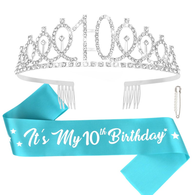 CAVETEE Happy 10th Birthday Sash and Crown 10th Birthday Decorations for Girls Blue IT's My Birthday Sash for 10th Birthday Gifts - Image 1