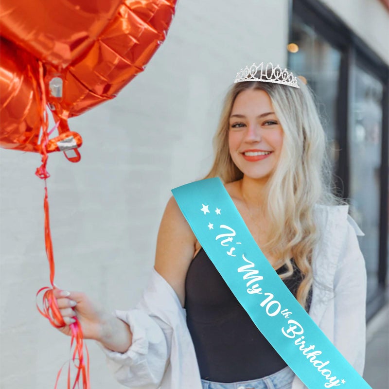 CAVETEE Happy 10th Birthday Sash and Crown 10th Birthday Decorations for Girls Blue IT's My Birthday Sash for 10th Birthday Gifts - Image 3