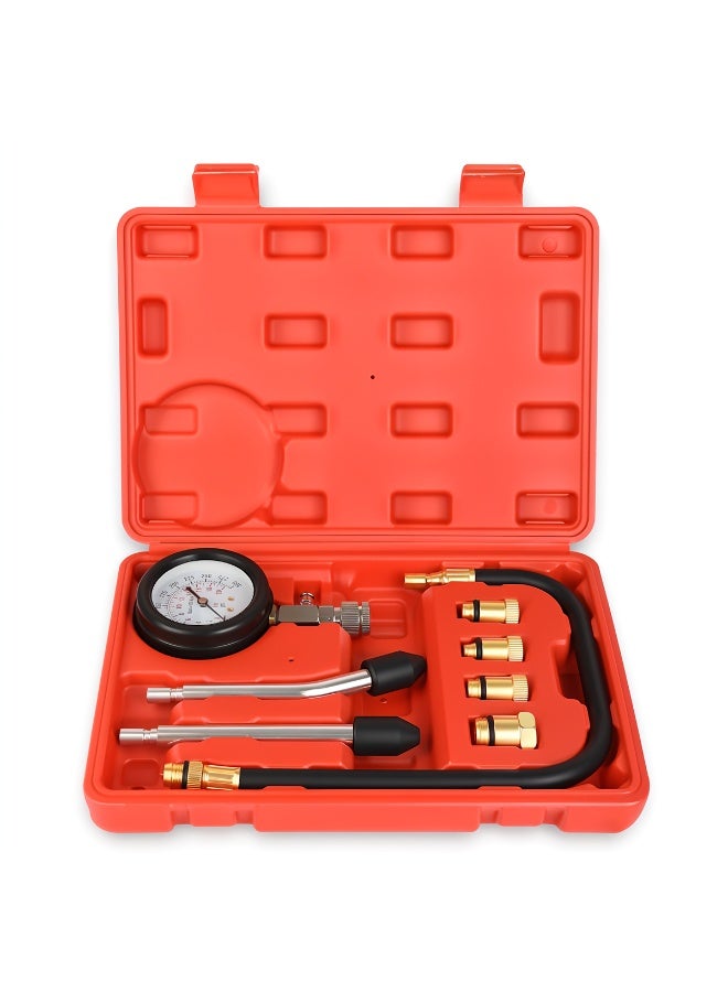 8-Piece Premium Quality Universal Compression Tester Kit – Dual Scale Pressure Gauge with 10mm, 12mm, 14mm, 18mm Adapters, Flexible Hose & Carry Case – Cylinder Pressure Test Tool for Car, Motorcycle, ATV, and Truck Engines - Image 1