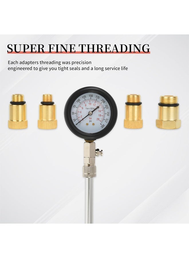 8-Piece Premium Quality Universal Compression Tester Kit – Dual Scale Pressure Gauge with 10mm, 12mm, 14mm, 18mm Adapters, Flexible Hose & Carry Case – Cylinder Pressure Test Tool for Car, Motorcycle, ATV, and Truck Engines - Image 3