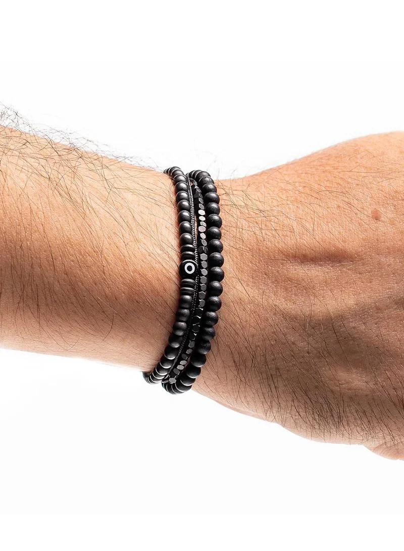 CHRYSOSTOMOS Handmade Adjustable Beaded Multi-Line Bracelet with Onyx, Grey Matte Balls, Glossy Square Hematite, Black Glass Eye and String