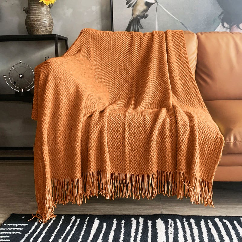 LOMAO Knitted Throw Blanket with Tassels Bubble Textured Lightweight Throws for Couch Cover Home Decor (Orange  50x60) - Image 1