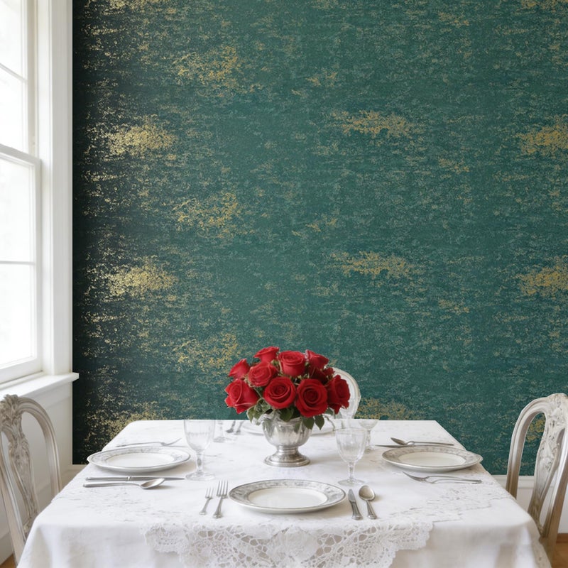 Stickyart Teal Gold Wallpaper Peel and Stick 12"x160" Textured Vintage Luxury Emerald Green Metallic Gold Plaster Concrete Wallpaper Self Adhesive Antique Wall Paper Industrial for Cabinet Accent Wall - Image 1