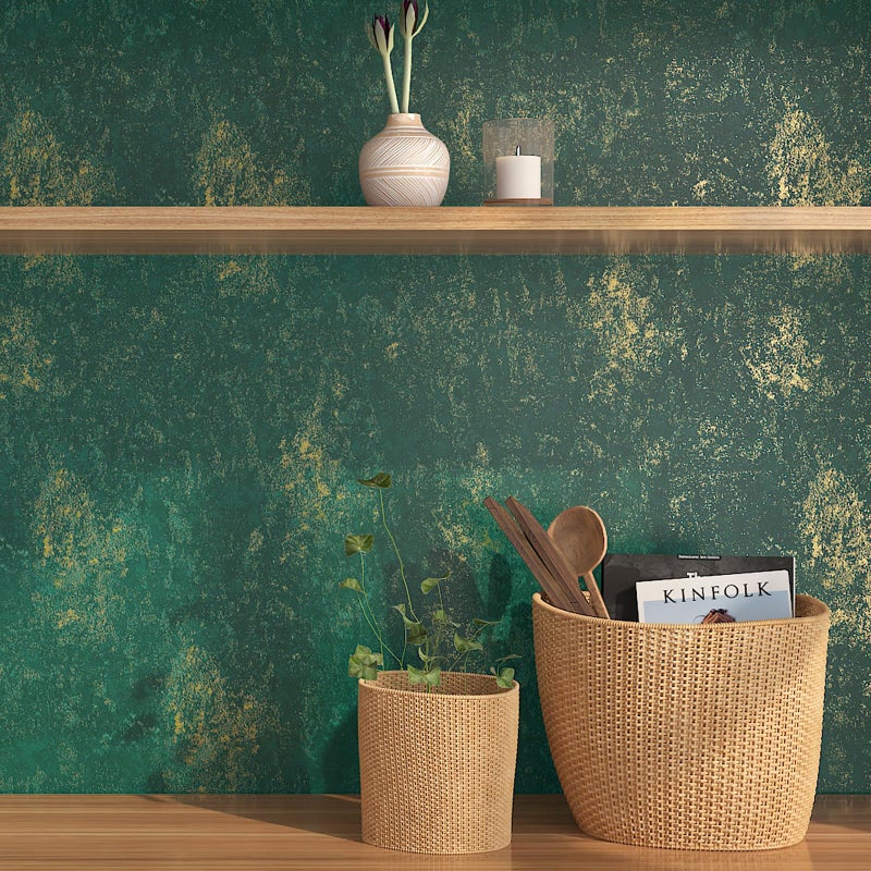 Stickyart Teal Gold Wallpaper Peel and Stick 12"x160" Textured Vintage Luxury Emerald Green Metallic Gold Plaster Concrete Wallpaper Self Adhesive Antique Wall Paper Industrial for Cabinet Accent Wall - Image 2
