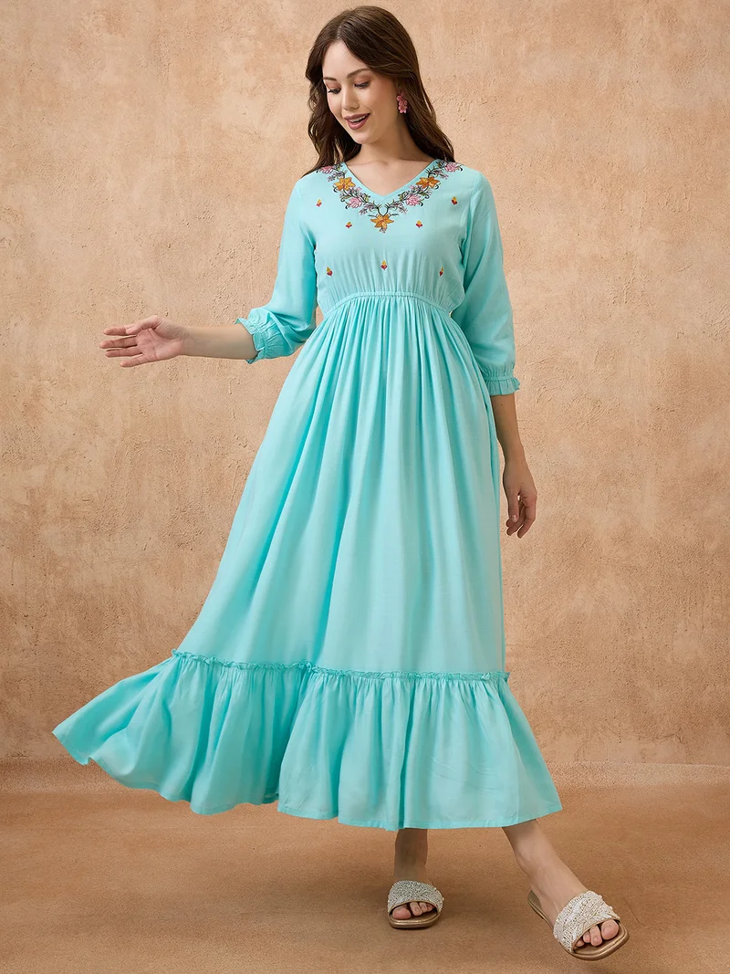 globus Women V-Neck Floral Embroidered Yoke Fit And Flare Tiered Maxi Fusion Dress
