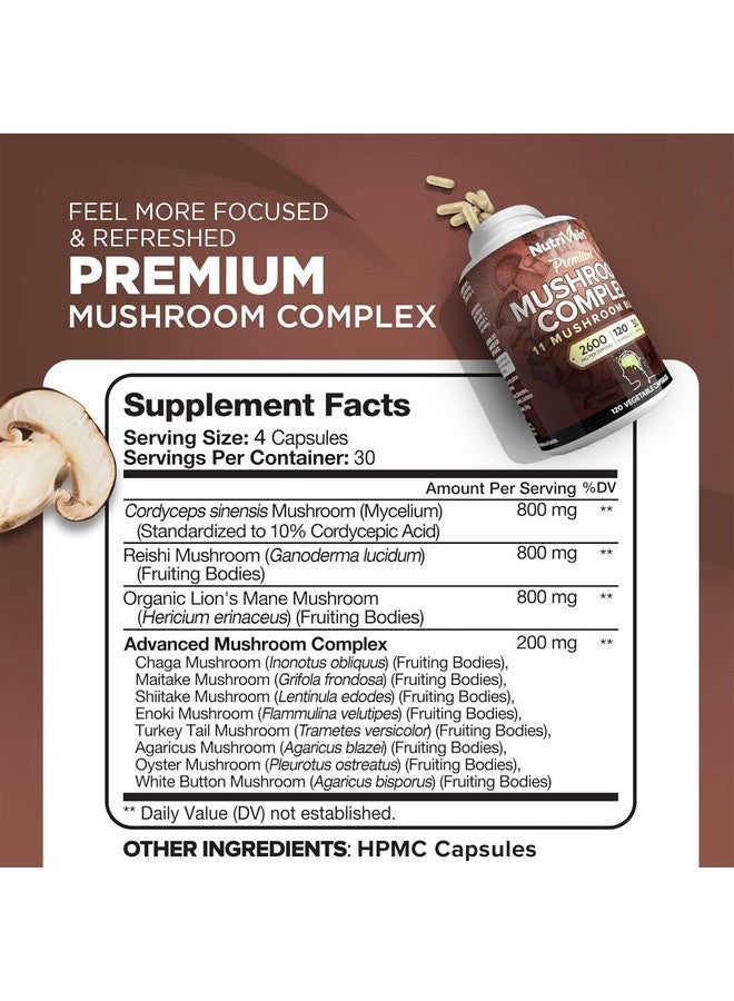Nutrivein Nutrivein Premium Mushroom Supplement 2600 mg- Bottle 120 Capsules- 11 Nootropic Mushroom Complex - Lion's Mane, Cordyceps, Chaga, Reishi, Turkey Tail,Maitake,Shiitake, Agaricus, White Button, Oyster - Image 2