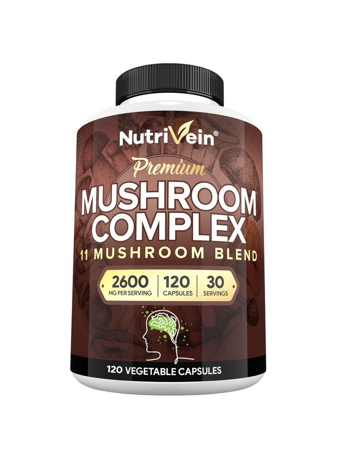 Nutrivein Nutrivein Premium Mushroom Supplement 2600 mg- Bottle 120 Capsules- 11 Nootropic Mushroom Complex - Lion's Mane, Cordyceps, Chaga, Reishi, Turkey Tail,Maitake,Shiitake, Agaricus, White Button, Oyster - Image 1