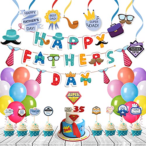 FESTIKO مجموعة تزيين حفلة عيد ميلاد الأب/الأب super dad من Festiko®، هدايا حفلة للأب super dad لتزيين عيد ميلاد الرجال (لافتة/زينة، دوامات، بالونات، قواطع كعكة، قواطع كعكة صغيرة، شرائط) - Image 1
