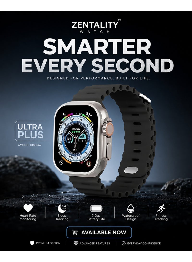 ZENTALITY Ultra Plus AMOLED Smart Watch 2.02” Display, Bluetooth Calling, 24/7 Health Monitoring, Up to 7 Days Battery, Water Resistant, 70+ Sports Modes – Black - Image 2