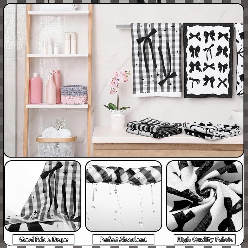 FuWeave 8 Pcs Black Bow Shower Curtain Set Aesthetic Bow Knot Bathroom Decor Pretty Coquette Waterproof Shower Curtain Modern Minimalist Towels Non Slip Rug Toilet Lid Cover Bath Mat with 12 Hooks - Image 4