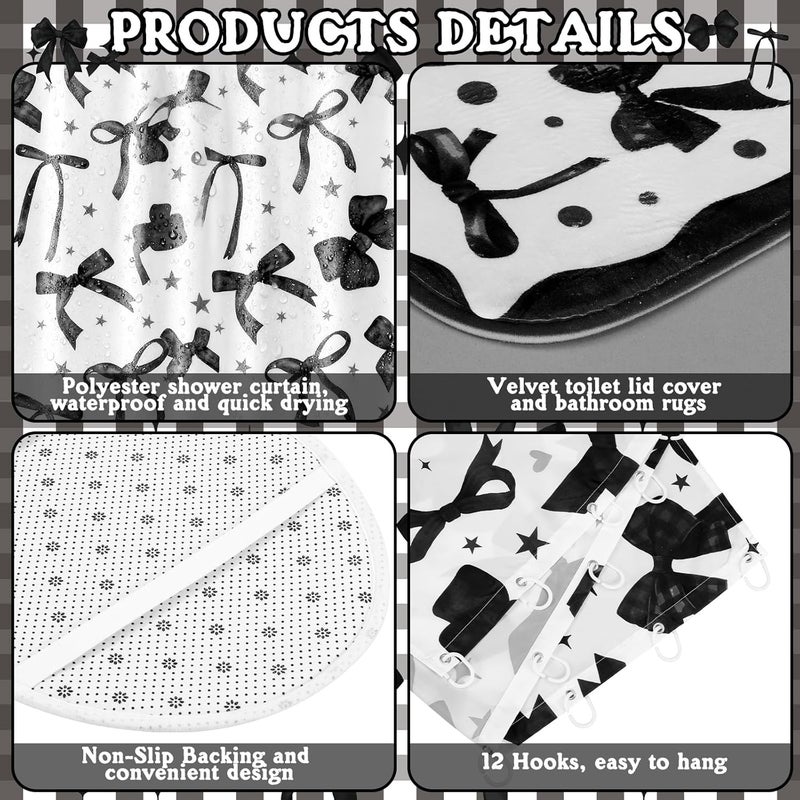 FuWeave 8 Pcs Black Bow Shower Curtain Set Aesthetic Bow Knot Bathroom Decor Pretty Coquette Waterproof Shower Curtain Modern Minimalist Towels Non Slip Rug Toilet Lid Cover Bath Mat with 12 Hooks - Image 3