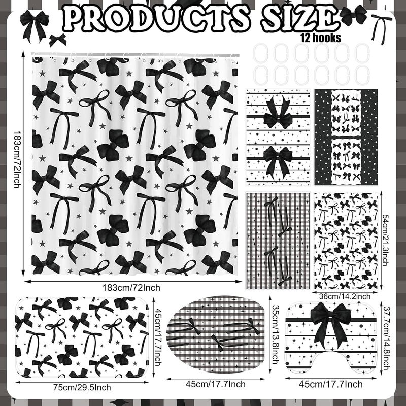 FuWeave 8 Pcs Black Bow Shower Curtain Set Aesthetic Bow Knot Bathroom Decor Pretty Coquette Waterproof Shower Curtain Modern Minimalist Towels Non Slip Rug Toilet Lid Cover Bath Mat with 12 Hooks - Image 2