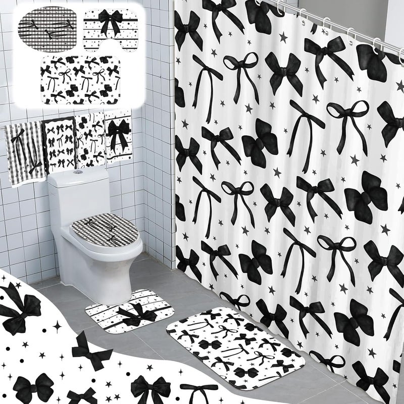 FuWeave 8 Pcs Black Bow Shower Curtain Set Aesthetic Bow Knot Bathroom Decor Pretty Coquette Waterproof Shower Curtain Modern Minimalist Towels Non Slip Rug Toilet Lid Cover Bath Mat with 12 Hooks - Image 1