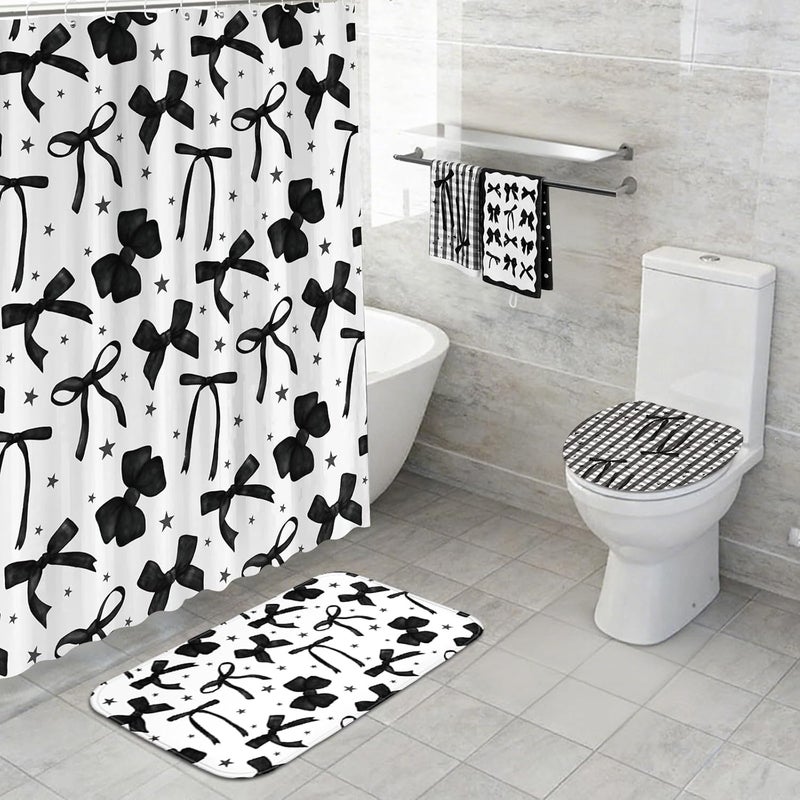 FuWeave 8 Pcs Black Bow Shower Curtain Set Aesthetic Bow Knot Bathroom Decor Pretty Coquette Waterproof Shower Curtain Modern Minimalist Towels Non Slip Rug Toilet Lid Cover Bath Mat with 12 Hooks - Image 5