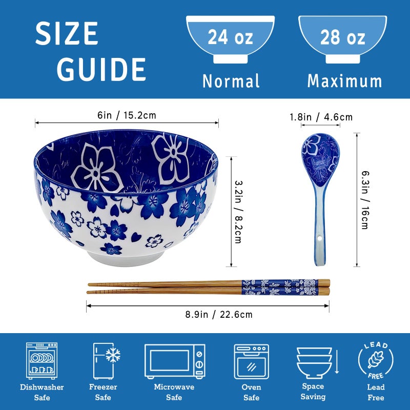 KeQiu 28 Oz Ceramic Ramen Noodle Pho Bowl Set with Chopsticks and Spoon Microwave & Dishwasher Safe, Japanese Style, Ideal Gift for Ramen Lovers & Solo Dining - Image 2