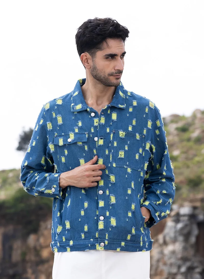 Campus Sutra Men's Blue Heavy Distressed Denim Jacket For Casual Wear | Spread Collar | Long Sleeve | Button Closure | Jacket Crafted With Comfort Fit For Everyday Wear