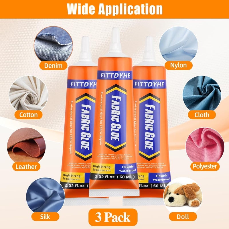 FITTDYHE 3Pcs Fabric Glue Permanent, 60 ML Washable Clear Clothing Glue, Super Fabric Glue for Rhinestones, Patches, Clothes, Denim, Leather, Polyester, Fabrics, Doll Repair, Flannel, Cotton - Image 2