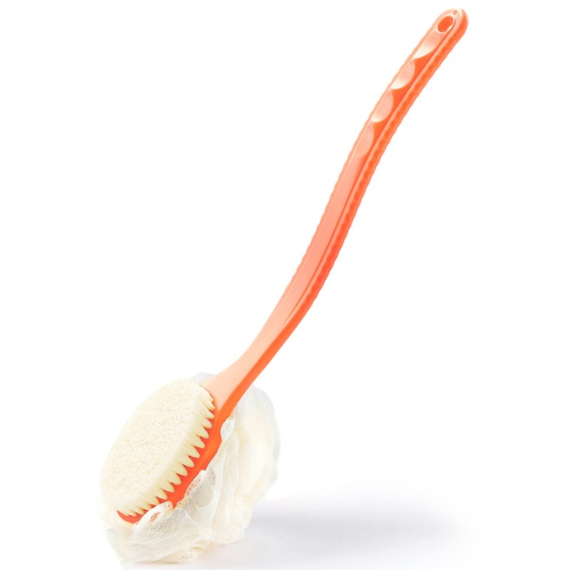 Shower Body Brush with Bristles and LoofahBack Scrubber Bath Mesh Sponge with Curved Long Handle for Skin Exfoliating Bath Massage Bristles Suitable for Wet or Dry Men and WomenOrange