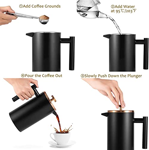 Miuly French Press Coffee Maker 34OZ, 8 Cup Stainless Steel French Press, Double-Walled Insulated Coffee Press for Home and Office, With 2 Extra Filter and Coaster Mat (1000ML, Black) - Image 3