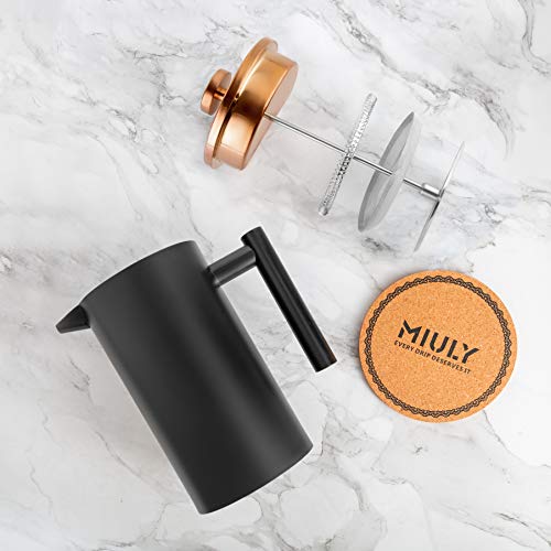 Miuly French Press Coffee Maker 34OZ, 8 Cup Stainless Steel French Press, Double-Walled Insulated Coffee Press for Home and Office, With 2 Extra Filter and Coaster Mat (1000ML, Black) - Image 4