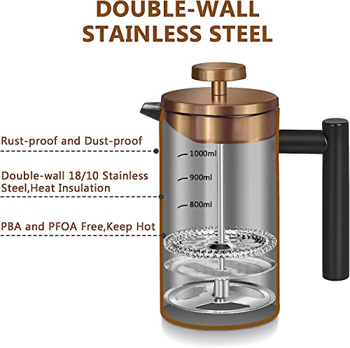 Miuly French Press Coffee Maker 34OZ, 8 Cup Stainless Steel French Press, Double-Walled Insulated Coffee Press for Home and Office, With 2 Extra Filter and Coaster Mat (1000ML, Black) - Image 2