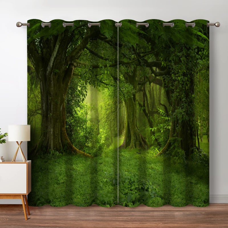 Jekeno Forest Blackout Curtains Tropical Jungle Green Trees Foliage in The Woodland Himalayas Landscape Nature Decor for Bedroom Living Room Grommet Window Drapes 2 Panel Set, 52"x84" - Image 1