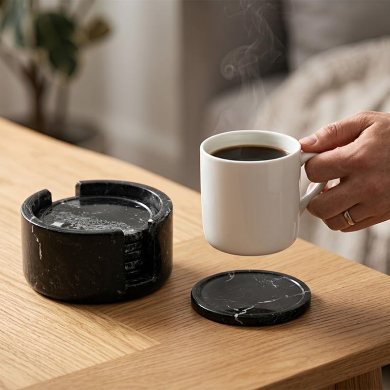 RADICALn Marble Coasters Set of 6 Black 3.5 Inch Round Coaster for Drinks with Holder, Drink Coaster for Tabletop & Coffee Table Decor, Ideal Home Decor House Warming Gifts - Image 4