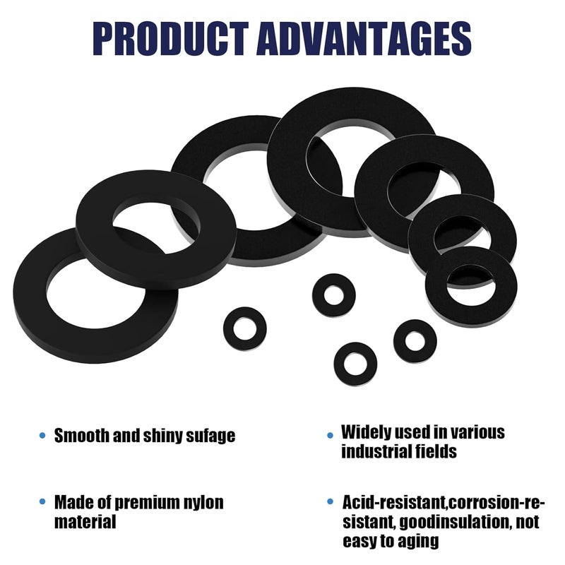 wegoup 900-Piece Nylon Flat Washer Assortment Kit Black Plastic Flat Washers for Bolts and Screws (M2-M12), Assorted Screw Washers Washer Set for Household & Industrial Use - Image 3