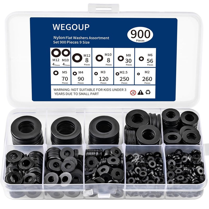 wegoup 900-Piece Nylon Flat Washer Assortment Kit Black Plastic Flat Washers for Bolts and Screws (M2-M12), Assorted Screw Washers Washer Set for Household & Industrial Use - Image 1