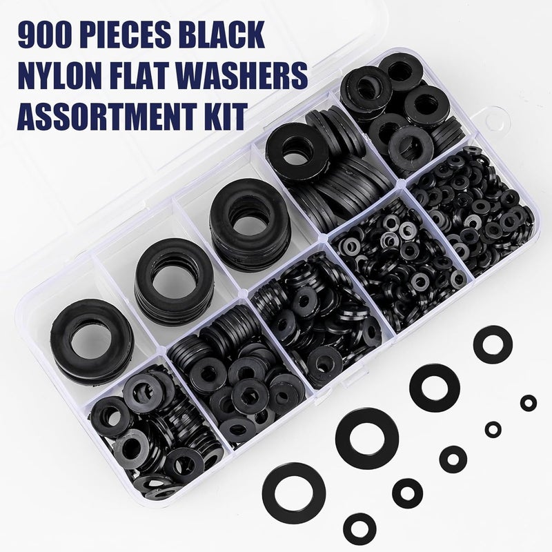 wegoup 900-Piece Nylon Flat Washer Assortment Kit Black Plastic Flat Washers for Bolts and Screws (M2-M12), Assorted Screw Washers Washer Set for Household & Industrial Use - Image 4