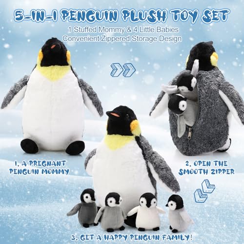 Harrycle 5 Pcs Penguin Plush Toy Set 14 Inch Mommy Penguin Stuffed Animal with 4 Cute Babies in Zippered Belly Soft Cuddly Plushie for Kids Birthday Gifts Party Favors(Simple Style) - Image 3