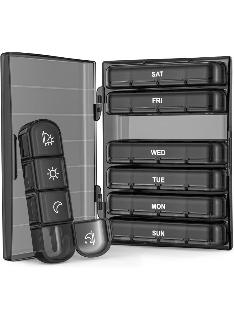 Weekly Pill Organizer, 7 Daily Large Pill Box Cases, Portable Pill Case, 4 Times a Day, BPA Free, Easy to Carry, to Hold Fish Oils, Vitamins, Supplements, Medication, Black - Image 1