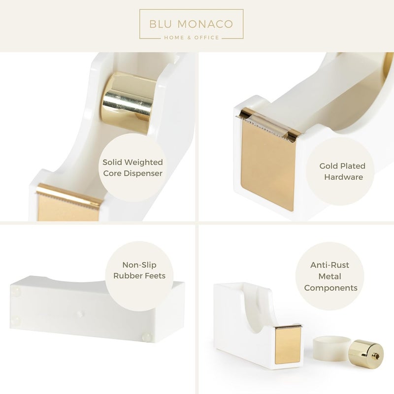 BLU MONACO White and Gold Tape Dispenser | Acrylic Desktop Tape Cutter with Smooth Blade & Weighted Non-Slip Base | Fits Standard & Large Rolls | Cute Desk Accessory for Office & Home - Image 3