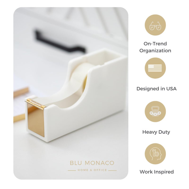 BLU MONACO White and Gold Tape Dispenser | Acrylic Desktop Tape Cutter with Smooth Blade & Weighted Non-Slip Base | Fits Standard & Large Rolls | Cute Desk Accessory for Office & Home - Image 5
