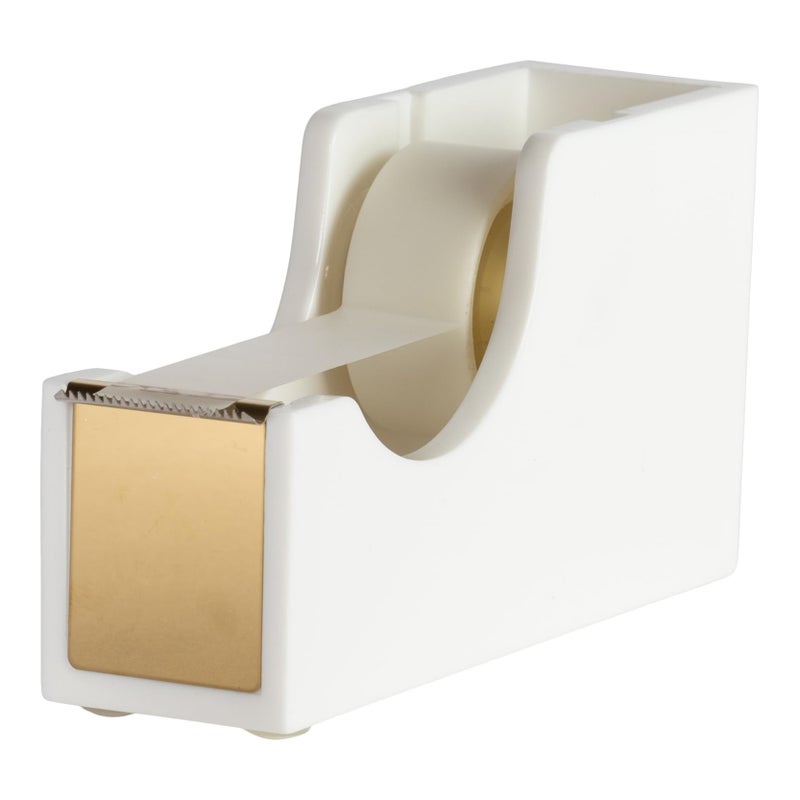 BLU MONACO White and Gold Tape Dispenser | Acrylic Desktop Tape Cutter with Smooth Blade & Weighted Non-Slip Base | Fits Standard & Large Rolls | Cute Desk Accessory for Office & Home - Image 1