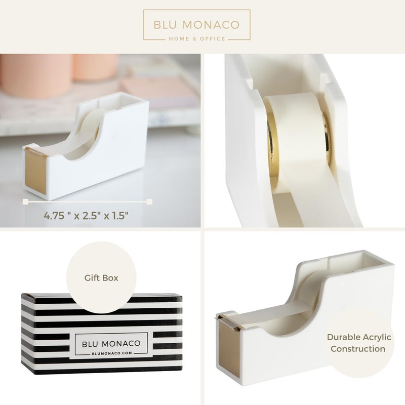 BLU MONACO White and Gold Tape Dispenser | Acrylic Desktop Tape Cutter with Smooth Blade & Weighted Non-Slip Base | Fits Standard & Large Rolls | Cute Desk Accessory for Office & Home - Image 4