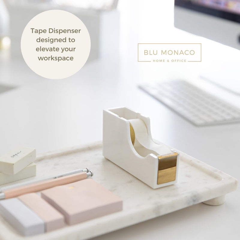 BLU MONACO White and Gold Tape Dispenser | Acrylic Desktop Tape Cutter with Smooth Blade & Weighted Non-Slip Base | Fits Standard & Large Rolls | Cute Desk Accessory for Office & Home - Image 2