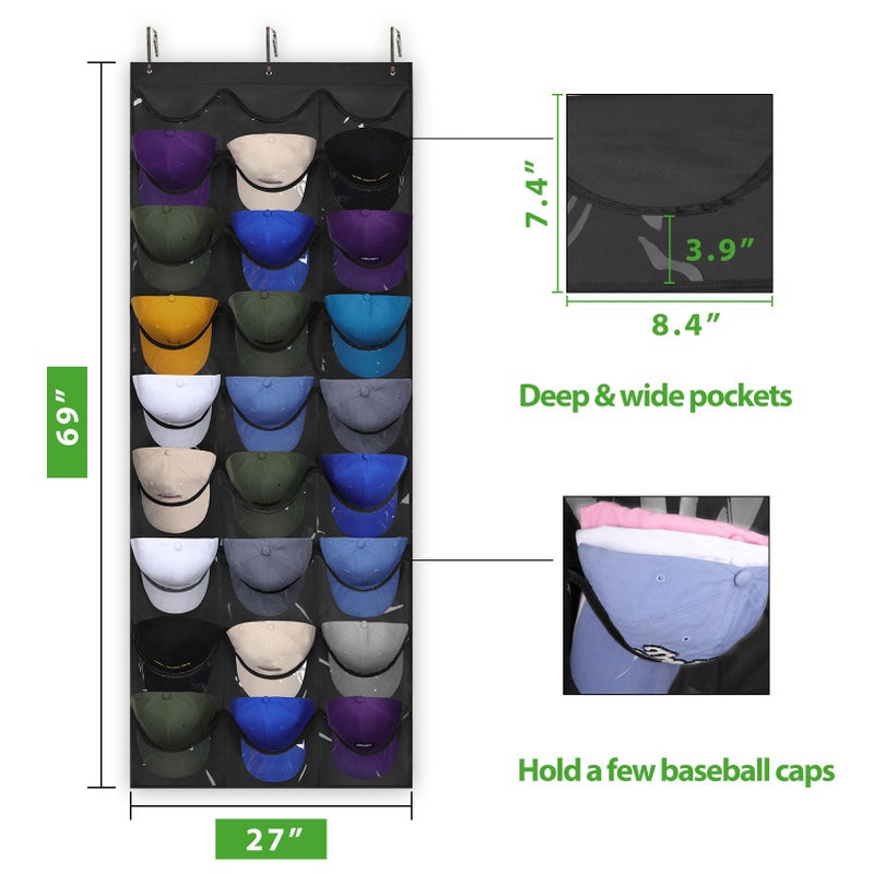 Dofilachy Hat Rack - Hat Organizer - Hat Racks for Baseball Caps, Visible Hat Holder - Baseball Rack for Wall Door with 3 Hooks, 27 Deep Pockets - Image 5