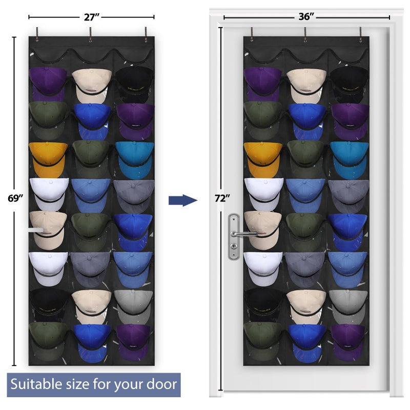 Dofilachy Hat Rack - Hat Organizer - Hat Racks for Baseball Caps, Visible Hat Holder - Baseball Rack for Wall Door with 3 Hooks, 27 Deep Pockets - Image 4