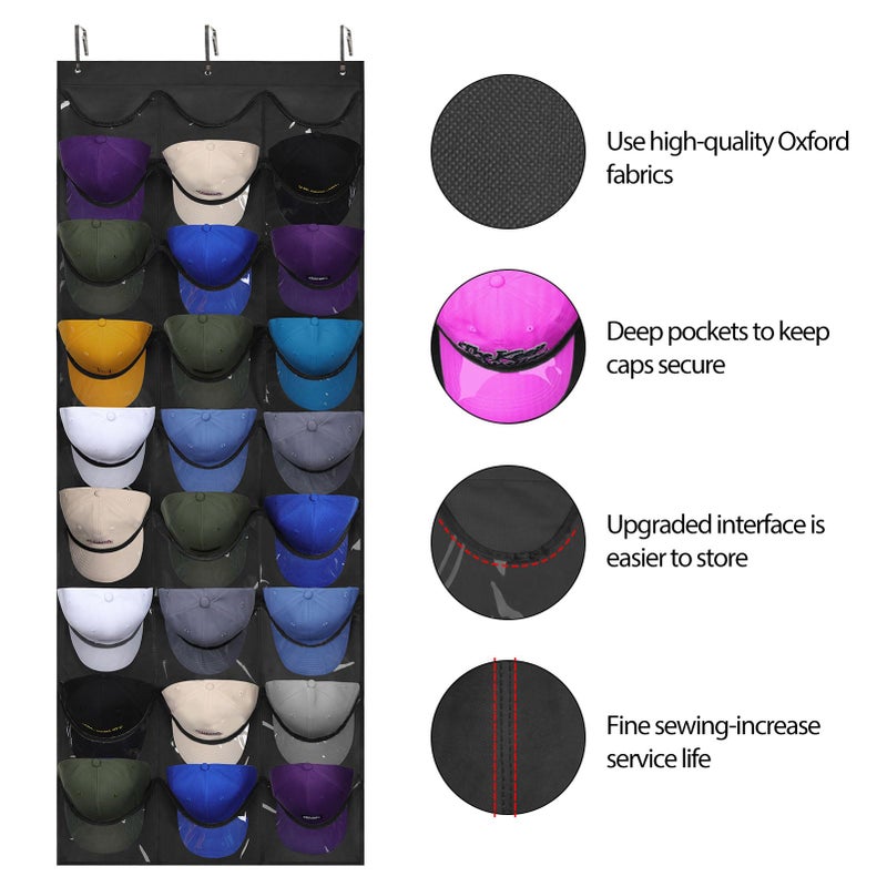 Dofilachy Hat Rack - Hat Organizer - Hat Racks for Baseball Caps, Visible Hat Holder - Baseball Rack for Wall Door with 3 Hooks, 27 Deep Pockets - Image 2
