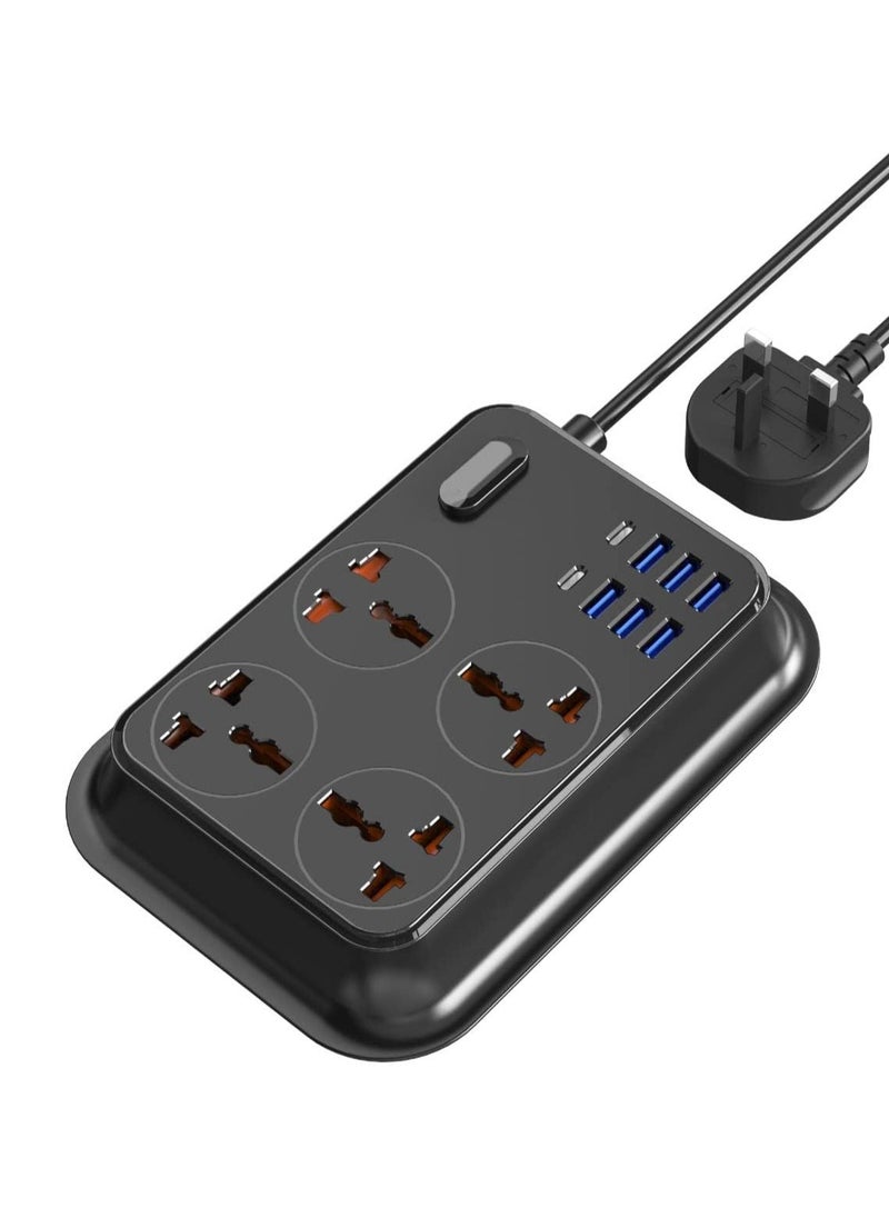 موكسوم سلك تمديد عالمي  بطول 2 متر مزود بـ 04 منافذ، 6 منافذ USB و2 منفذ من النوع C، زر ضغط، مؤشر LED، واقي من التيار الزائد، محول متعدد المقابس (أسود)  - Image 2