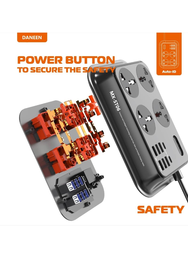 موكسوم سلك تمديد عالمي  بطول 2 متر مزود بـ 04 منافذ، 6 منافذ USB و2 منفذ من النوع C، زر ضغط، مؤشر LED، واقي من التيار الزائد، محول متعدد المقابس (أسود)  - Image 3