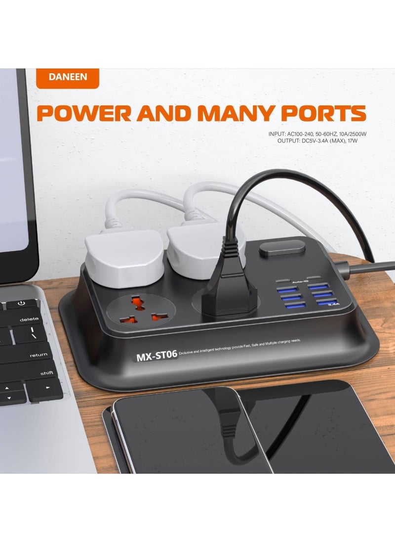 موكسوم سلك تمديد عالمي  بطول 2 متر مزود بـ 04 منافذ، 6 منافذ USB و2 منفذ من النوع C، زر ضغط، مؤشر LED، واقي من التيار الزائد، محول متعدد المقابس (أسود)  - Image 1