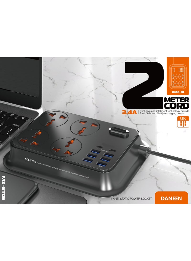 موكسوم سلك تمديد عالمي  بطول 2 متر مزود بـ 04 منافذ، 6 منافذ USB و2 منفذ من النوع C، زر ضغط، مؤشر LED، واقي من التيار الزائد، محول متعدد المقابس (أسود)  - Image 4