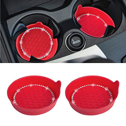 Amooca Car Cup Coaster Universal Non-Slip Cup Holders Bling Crystal Rhinestone Car Interior Accessories 2 Pack Red - Image 1