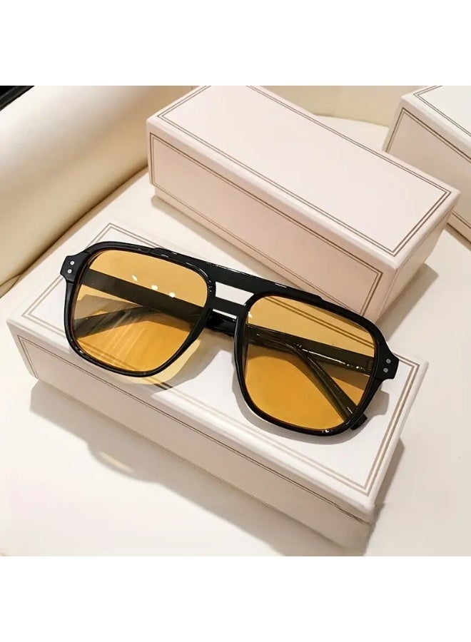 Vintage Y2K Style Black Full-Rim Fashion Glasses with Golden-Tinted Lenses - Retro Design, Durable PC Frame, Includes Cleaning Cloth, Stylish for Casual Attire, Fashionable Eyewear, Minimalist Eyewear, Highquality Eyewear (Includes eyeglass case),sunglasses
