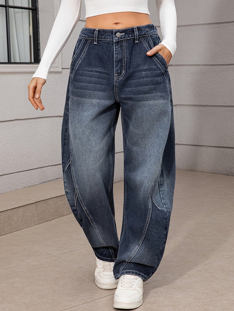 Women'S Fashion Trendy Non-Stretch Half-Elastic Denim Loose Curved Trousers, Women'S Easy Curved Dark Blue Long Pants - Image 2